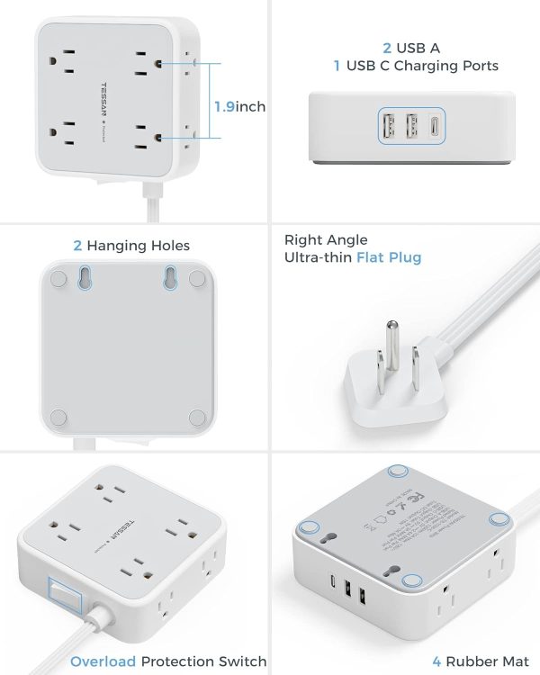 Surge Protector Flat Extension Cord Flat Plug Power Strip, 8 AC Outlets, 3 USB Charger(1 USB C Port) 3-Sided Outlet Extender, 5 Ft, 900 Joules Protection, Office Supplies, Dorm Room Essentials, Grey