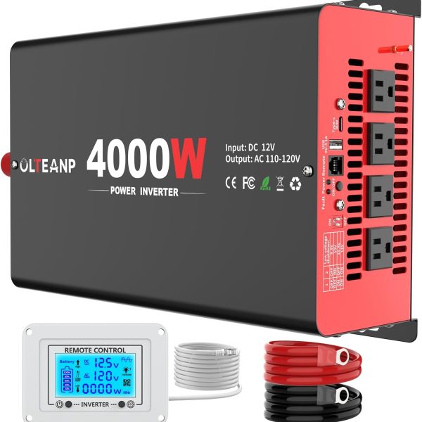 4000 Watt Power Inverter 12V DC to 110V AC Car Inverter with 4 AC Outlets, 30W Type-C Port, 3.1A USB Port, Remote Controller on LCD Screen, Peak 8000W Car Converter for Truck,Vehicles,Trip