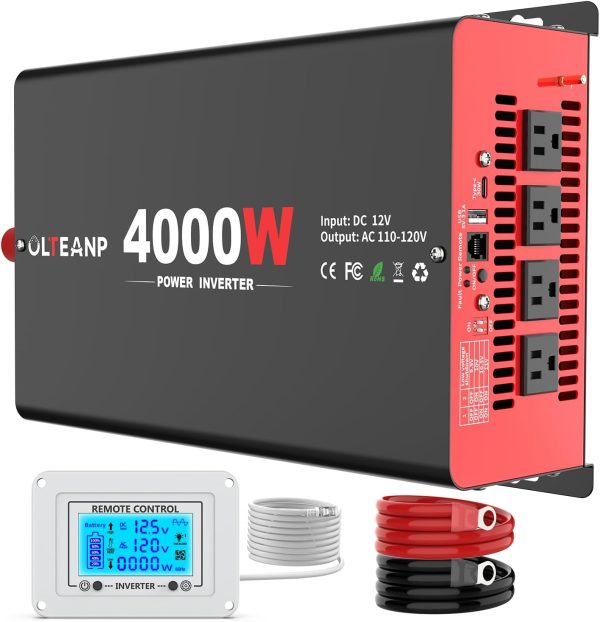 4000 Watt Power Inverter 12V DC to 110V AC Car Inverter with 4 AC Outlets, 30W Type-C Port, 3.1A USB Port, Remote Controller on LCD Screen, Peak 8000W Car Converter for Truck,Vehicles,Trip