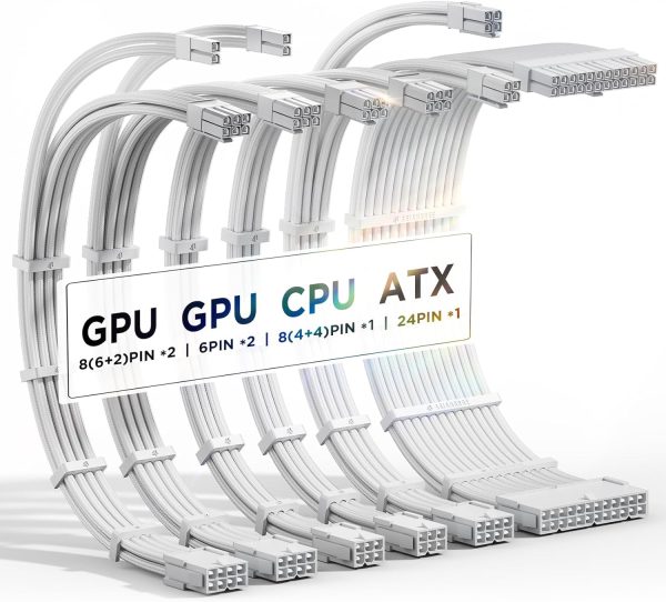 AsiaHorse 16AWG PSU Cable Extension Power Cords, Customized Power Supply Mod Sleeve Extension Cable, ATX/EPS/8-pin PCI-E/6-pin PCI-E for PSU Cable (Pure White)