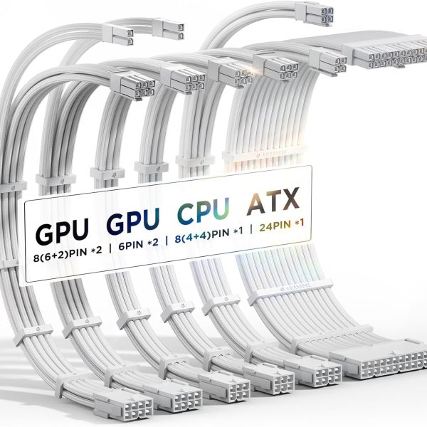 AsiaHorse 16AWG PSU Cable Extension Power Cords, Customized Power Supply Mod Sleeve Extension Cable, ATX/EPS/8-pin PCI-E/6-pin PCI-E for PSU Cable (Pure White)