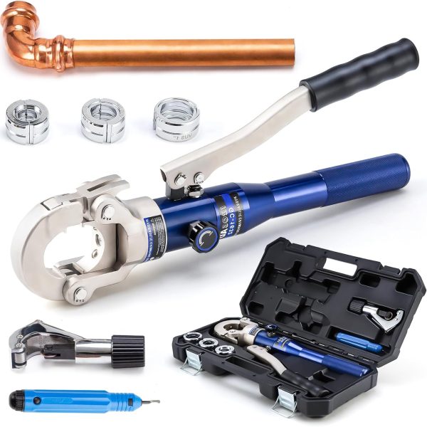 IBOSAD Copper Tube Fittings Hydraulic Pipe Crimping Tool with 1/2",3/4" and 1" Jaw Copper Pipe Press Crimper Pressing Pliers, with Pipe Cutter