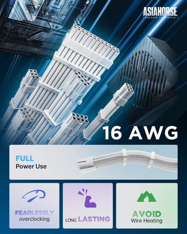 AsiaHorse 16AWG PSU Cable Extension Power Cords, Customized Power Supply Mod Sleeve Extension Cable, ATX/EPS/8-pin PCI-E/6-pin PCI-E for PSU Cable (Pure White)