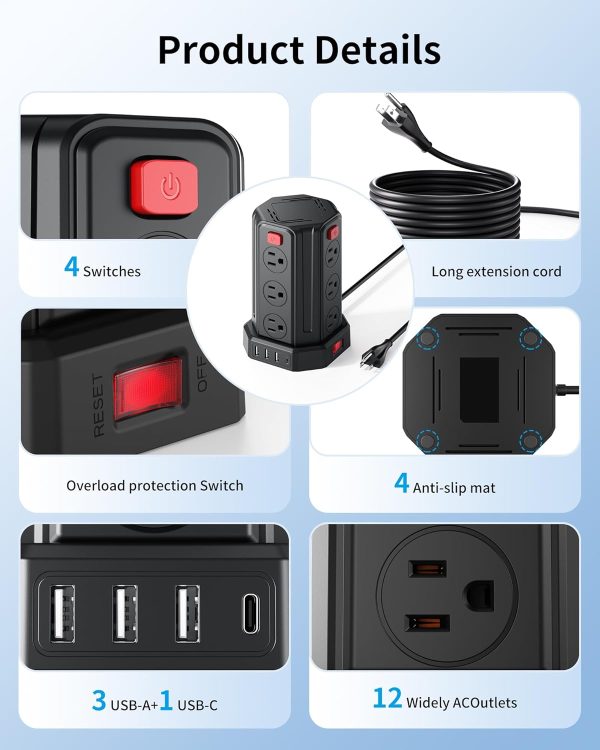 Power Strip Surge Protector, 10 Ft Extension Cord with 12 AC Multiple Outlets 4 USB (1 USB C), SMALLRT Power Tower Desktop Charging Station (Black, 6.5 FT)