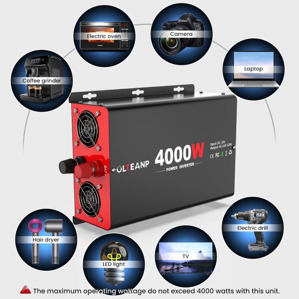 4000 Watt Power Inverter 12V DC to 110V AC Car Inverter with 4 AC Outlets, 30W Type-C Port, 3.1A USB Port, Remote Controller on LCD Screen, Peak 8000W Car Converter for Truck,Vehicles,Trip