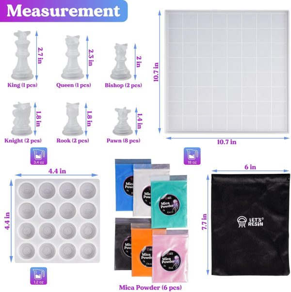 LET'S RESIN Chess Molds for Resin Casting, Upgraded Resin Chess Set Mold with 16 Piece 3D Full Size Chess Checkers & Chess Board Epoxy Silicone Resin Molds, DIY Chess Board Game, Christmas Gifts