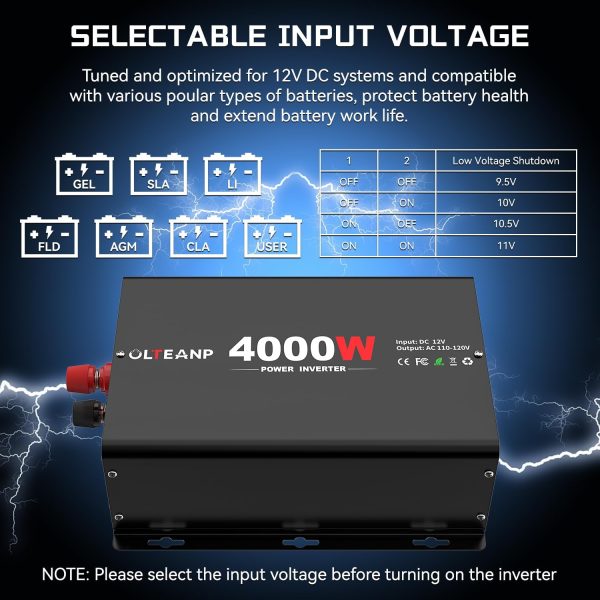 4000 Watt Power Inverter 12V DC to 110V AC Car Inverter with 4 AC Outlets, 30W Type-C Port, 3.1A USB Port, Remote Controller on LCD Screen, Peak 8000W Car Converter for Truck,Vehicles,Trip