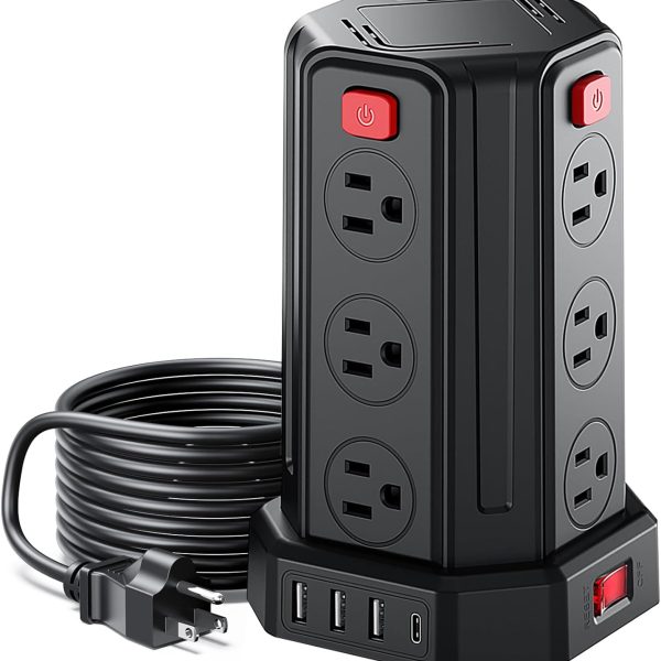 Power Strip Surge Protector, 10 Ft Extension Cord with 12 AC Multiple Outlets 4 USB (1 USB C), SMALLRT Power Tower Desktop Charging Station (Black, 6.5 FT)