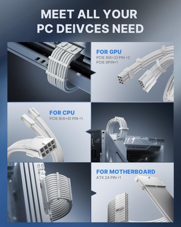 AsiaHorse 16AWG PSU Cable Extension Power Cords, Customized Power Supply Mod Sleeve Extension Cable, ATX/EPS/8-pin PCI-E/6-pin PCI-E for PSU Cable (Pure White)