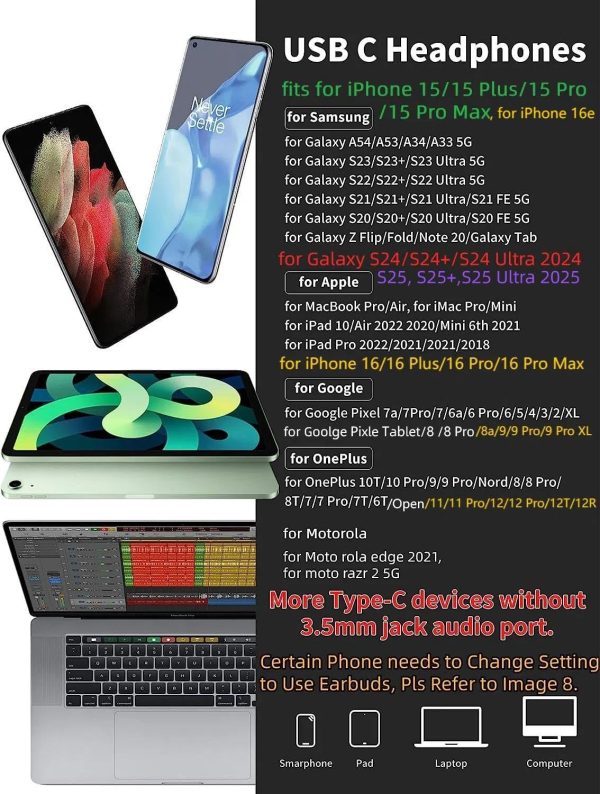 USB C Headphone for Samsung S23 FE S22 S21 S20 A53 A54 Wired Earbuds Magnetic in-Ear Type C Earphone with Microphone Volume Control Bass Stereo Noise Canceling for iPhone 15 Pro Max Pixel 6 6a 7a 8 5