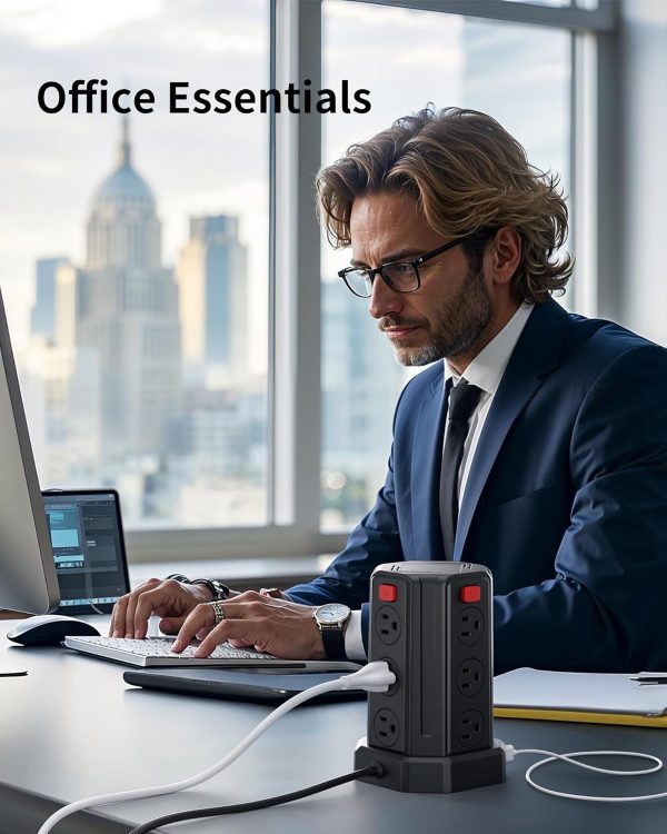 Power Strip Surge Protector, 10 Ft Extension Cord with 12 AC Multiple Outlets 4 USB (1 USB C), SMALLRT Power Tower Desktop Charging Station (Black, 6.5 FT)