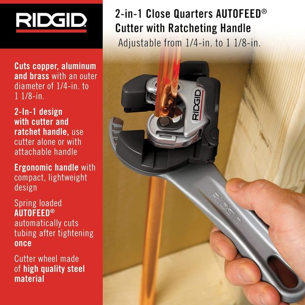 RIDGID 32573 Model 118 2-in-1 Close Quarters AUTOFEED 1/4" to 1-1/8" Metal Tubing Compact Cutter, Silver/Black