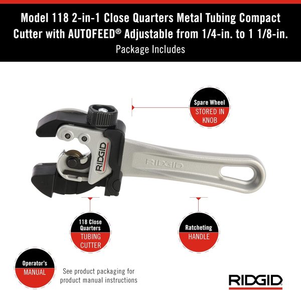 RIDGID 32573 Model 118 2-in-1 Close Quarters AUTOFEED 1/4" to 1-1/8" Metal Tubing Compact Cutter, Silver/Black
